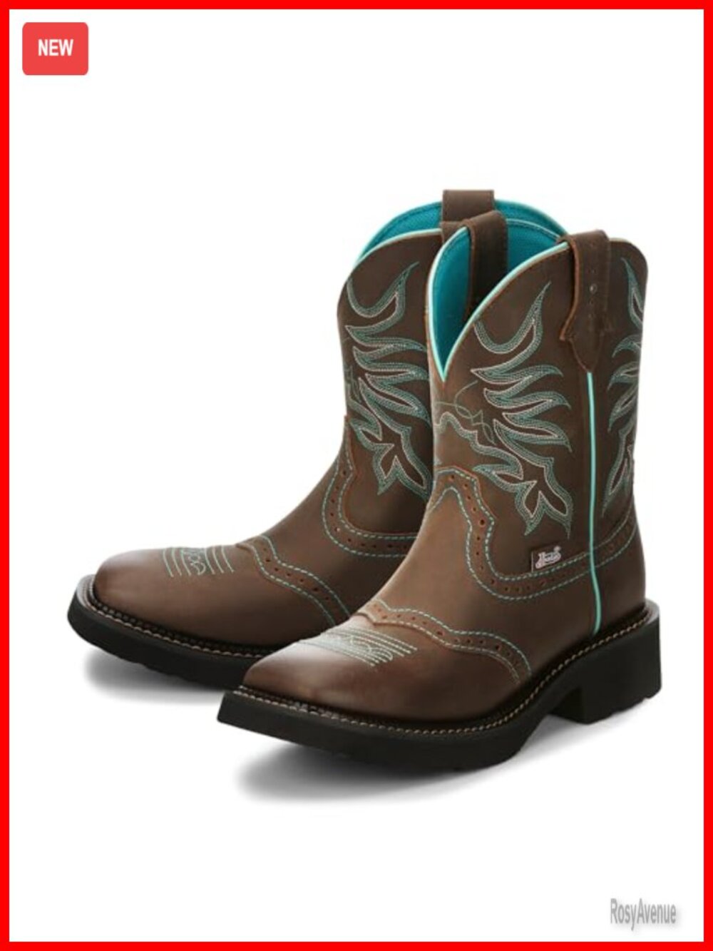 Justin Cowhide Leather Western Cowgirl Boots Block Heel Square Toe 8"